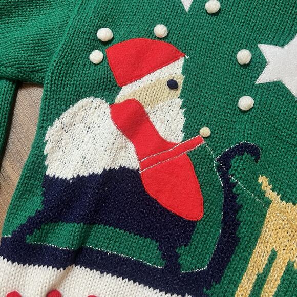Vtg Green Ugly Christmas Sweater Large Santa Sleigh Rudolph 1980s Prep Pop Art - Picture 3 of 6